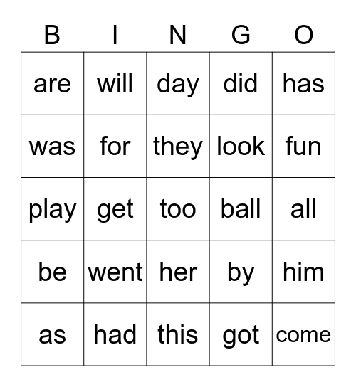 List B Bingo Card