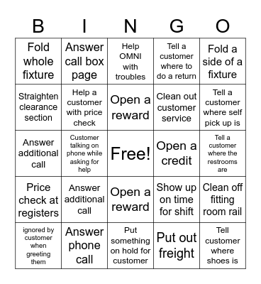 Kohl's Floor Bingo Card