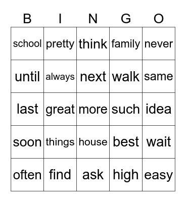 List F Bingo Card
