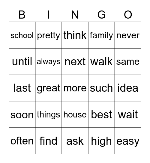 List F Bingo Card