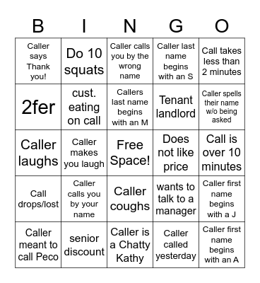 Lowry Call Center BINGO! Bingo Card