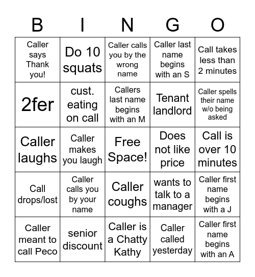 Lowry Call Center BINGO! Bingo Card