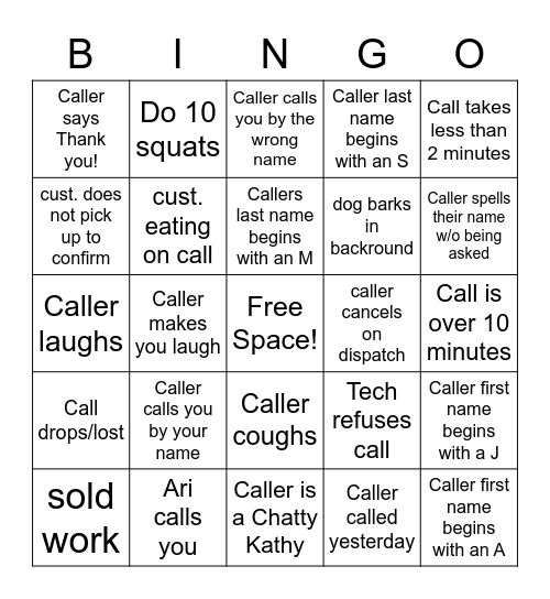 Lowry Dispatcher BINGO! Bingo Card