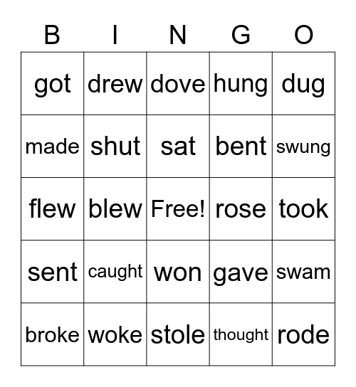 Irregular Verbs Bingo Card