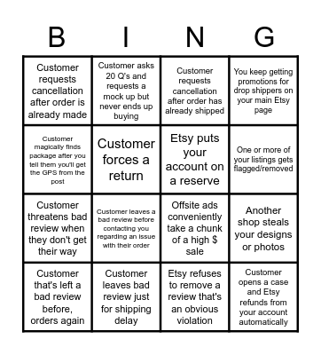 Etsy Seller Bingo Card