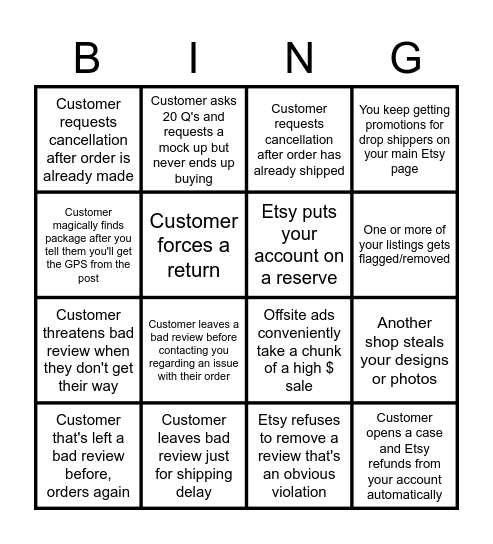 Etsy Seller Bingo Card