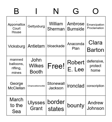 Civil War Bingo Card