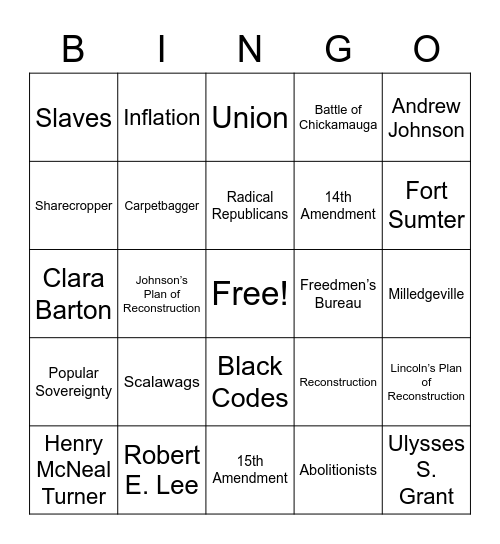 Civil War and Reconstruction Era Bingo Card