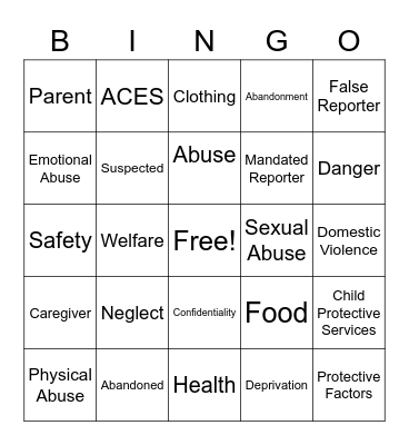 Child Abuse & Neglect Bingo Card