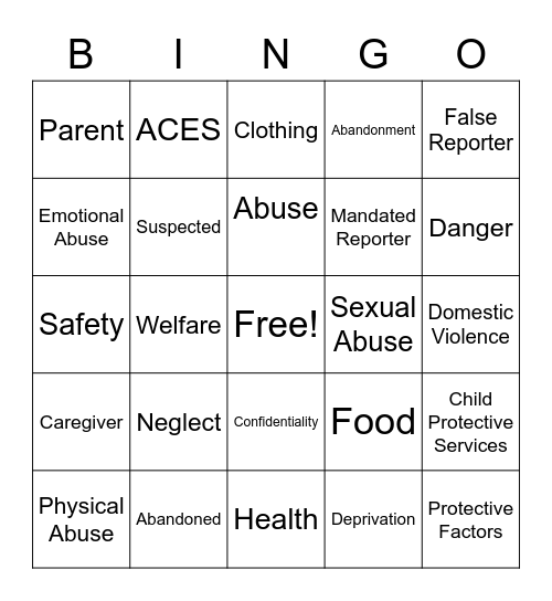 Child Abuse & Neglect Bingo Card
