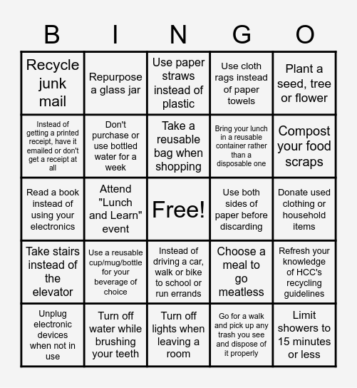 Sustainability Week Bingo Card