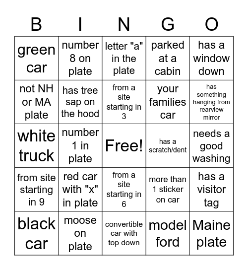 License Plate Bingo Card