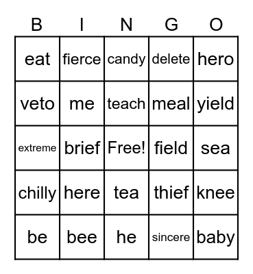 Long E Words Bingo Card