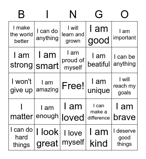 Affrimation Bingo Card