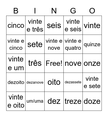 Os numerais Bingo Card