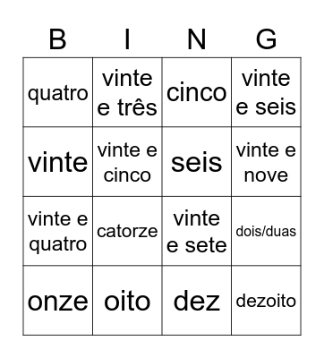 Os numerais Bingo Card