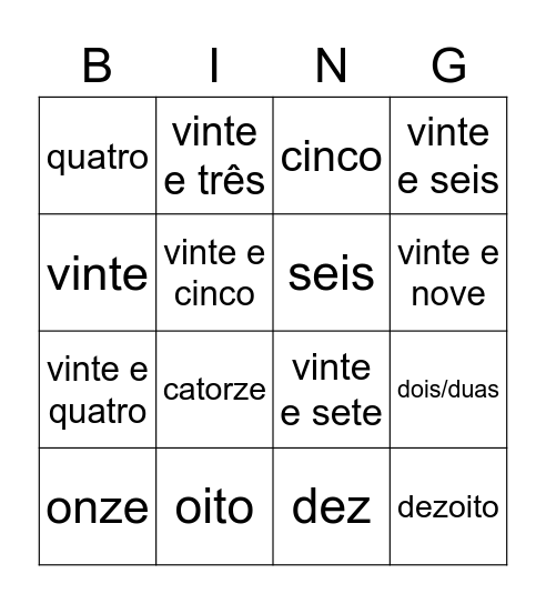 Os numerais Bingo Card