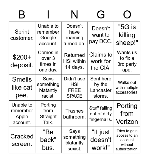 Customer Bingo Card