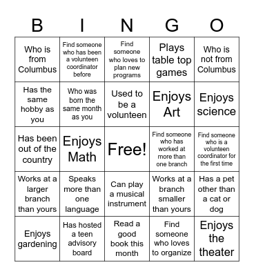 Volunteen Coordinator: Get to Know You Bingo Card