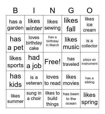 Getting To Know  You Bingo Card