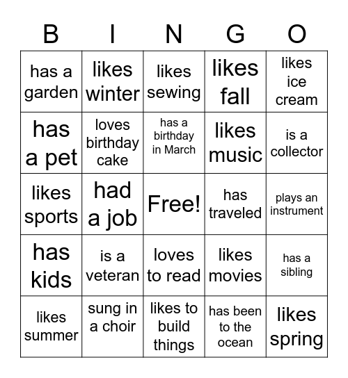 Getting To Know  You Bingo Card