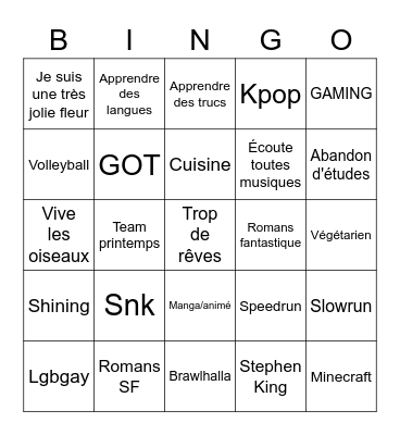 BINGO HUMMINGBIRDY Bingo Card