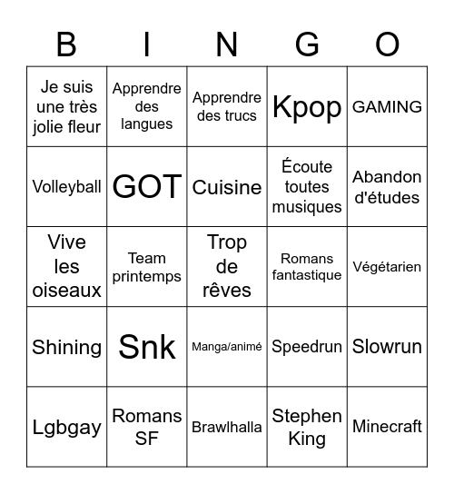 BINGO HUMMINGBIRDY Bingo Card