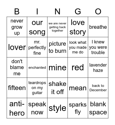 Taylor Swift! Bingo Card