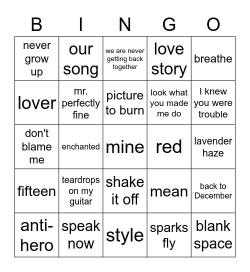 Taylor Swift! Bingo Card