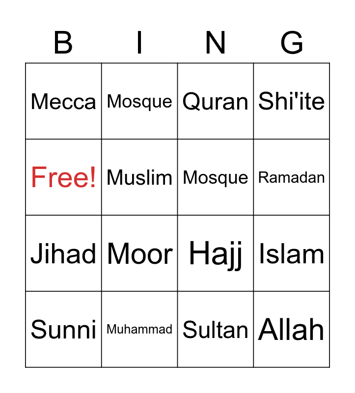 Islam Bingo Card