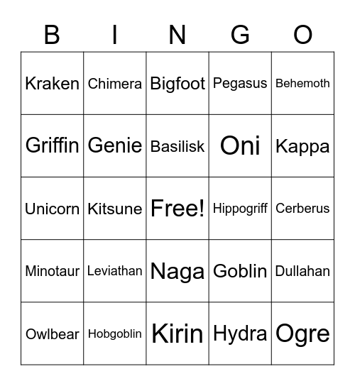 Mythological/Magical Creatures Bingo Card