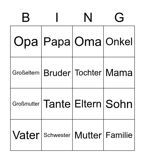 Familie Bingo Card