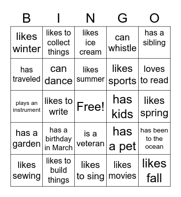 Getting To Know You Bingo Card