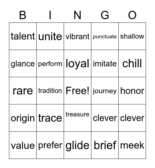 Vocabulary Review 1-12 Bingo Card