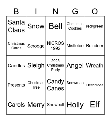 NICROS Employee Christmas Party Bingo Card