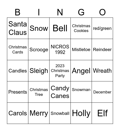 NICROS Employee Christmas Party Bingo Card