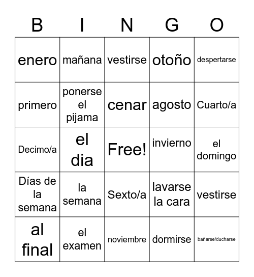 Unit 2 Mi Rutina Diaria Bingo Card