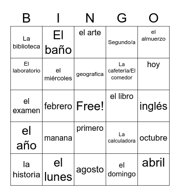 Unit 2 Mi Rutina Diana Bingo Card