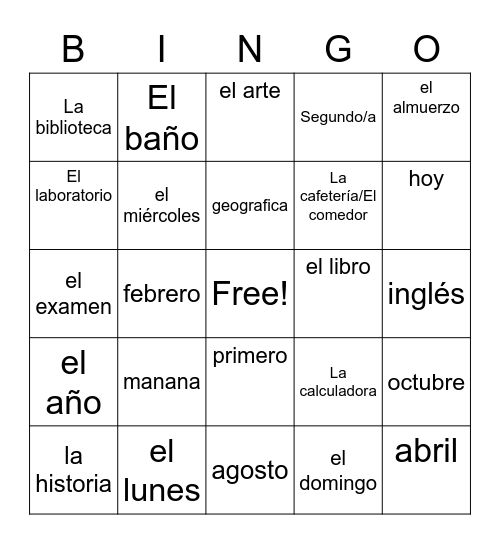 Unit 2 Mi Rutina Diana Bingo Card
