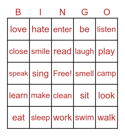 VERBS 1 Bingo Card