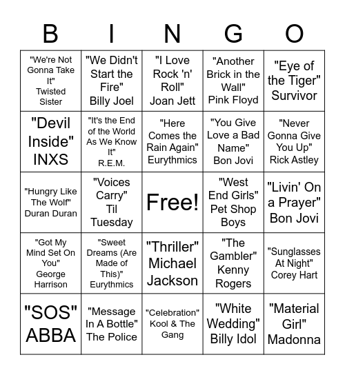 1975-1989 Music Hits Bingo Card