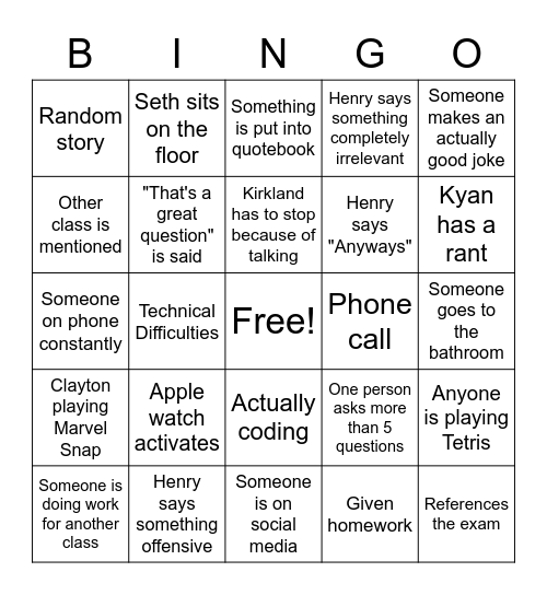 AP Computer Science Bingo Card