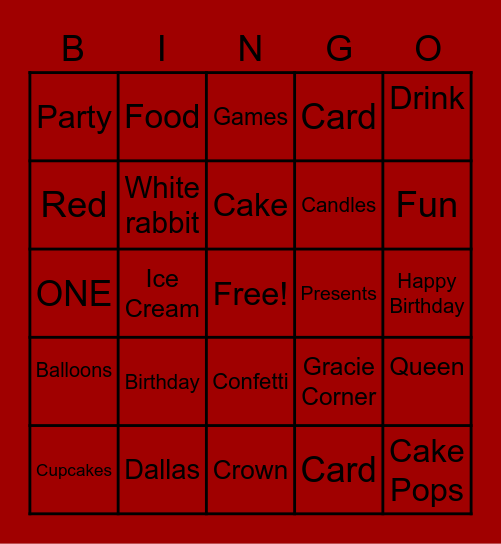 Dallas 1st Birthday Bingo Card