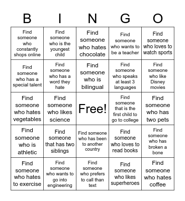 Get To Know You Bingo Card