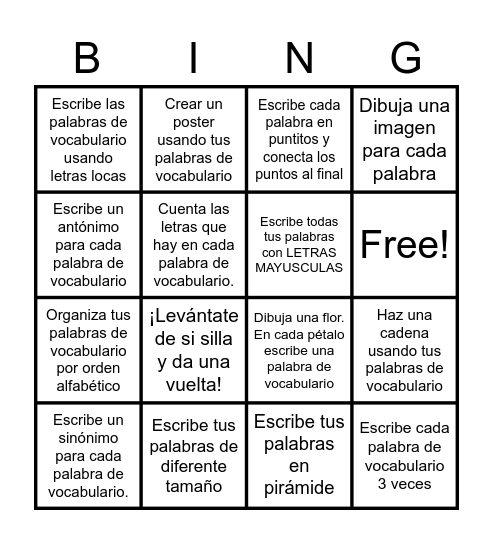 Bingo de Vocabulario Bingo Card