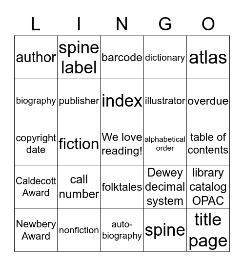 Library Lingo! Bingo Card