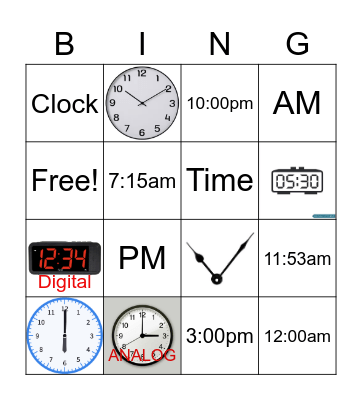 Telling Time Bingo Card