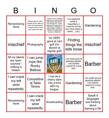 Hidden Talents Bingo Card