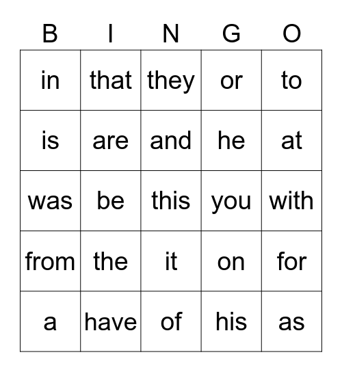 Most Common Words Bingo Card