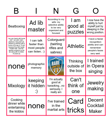 Hidden Talents Bingo Card